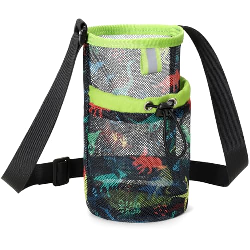 Mesh Water Bottle Carrier for Kids - Lightweight Water Bottle Holder with Adjustable Strap, Crossbody Sling Bag Fits 10-18 oz, Ideal for Walking Hiking Camping, Black Dinosaur - color: 2-Black Dinosaur