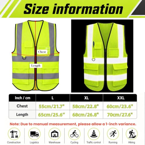 Tlence 10 Pack Reflective Safety Vests with Pockets and Zipper, High Visibility Mesh Security Vest, Construction Vests - size: Large