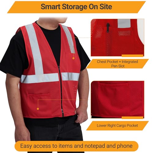 AYKRM 2 Pocket Mesh High Visibility Reflective Safety Vest for men & Women ANSI/ISEA 107 Standards - color: Red, size: Small
