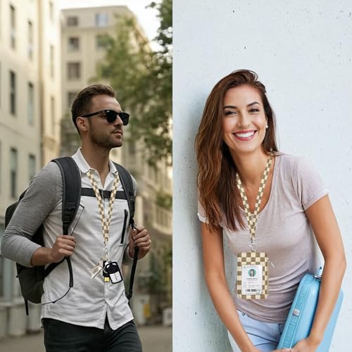 bolimoss Checkered Lanyard Wallet with ID Badge Holder Breakaway Neck Lanyard, Pu Leather Zip Id Case Wallet with Zipper Pocket for Women Office Worker Teacher Student Nurse - color: Khaki Beige Checkerboard