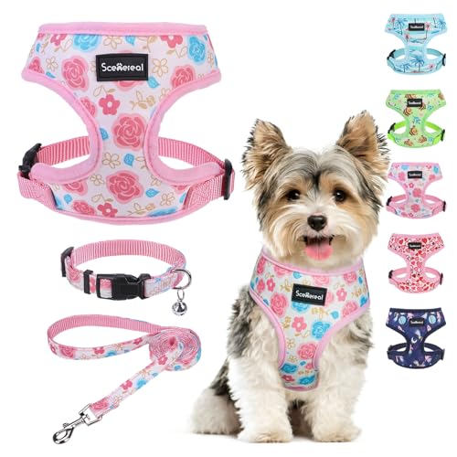 SCENEREAL Small Dog Harness and Leash Set, Flowers Pink, XS - color: Pink-Floral, size: XS: Chest Girth: 10"-14"