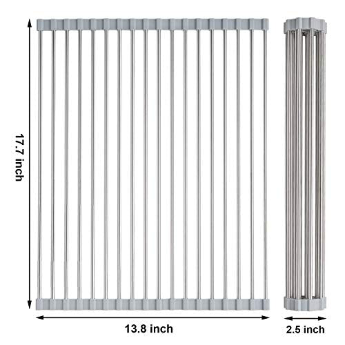 Searik Dish Drying Rack Roll Up Sink Drying Rack, Over The Sink Dish Rack Multi-Use Stainless Steel Dish Drainers Heat Resistant Mat for Drying Draining Trivet (17.7"x13.8") - color: Gray, size: 17.7"x13.8"