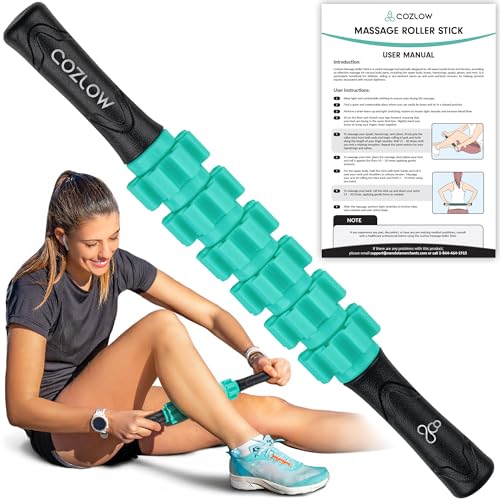 Muscle Roller Stick, Green, Hand Held Body Massager, 9 Rollers