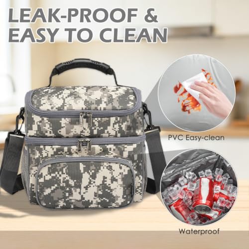 FlowFly Double Layer Cooler Insulated Lunch Bag Adult Lunch Box Large Tote Bag for Men, Women, With Adjustable Strap,Front Pocket and Dual Large Mesh Side Pockets - color: Digital Camo