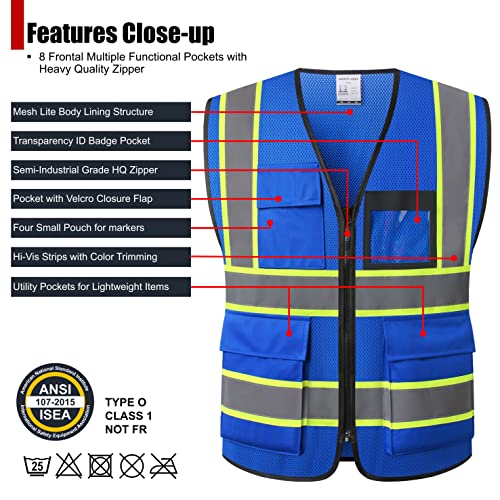 Reflective Safety Vest for Men Women Hi Vis Vest with 8 Pockets High Visibility Mesh Reflective Vest (Blue-07, X-Large) - color: Blue, size: X-Large