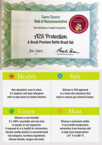 A-Brush Silicone Bottle Cleaner Brush, 2 Piece Set, Flexible, Long Handle - Water Bottle Cleaner, Baby Bottle Nipple Brush for Plastic & Glass, BPA-Free Dish Washing Brush A2S Protection