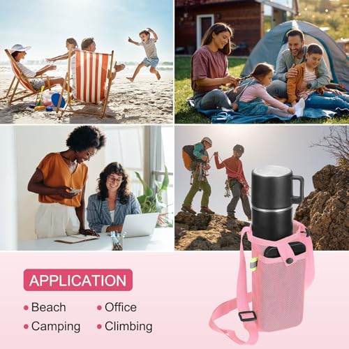Uxcell Water Bottle Holder With Adjustable Shoulder Strap, Carrier Bag, Mesh Crossbody Carrier With Pocket for Sports, Hiking, Walking, Travel - color: Pink