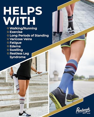 Pembrook 3 Pairs Compression Socks 20-30 mmHg - Compression Socks for Women and Men | Running, Athletic, Travel, Nurses - color: Line Pattern (Black/White/Blue) - 3 Pairs, size: X-Large