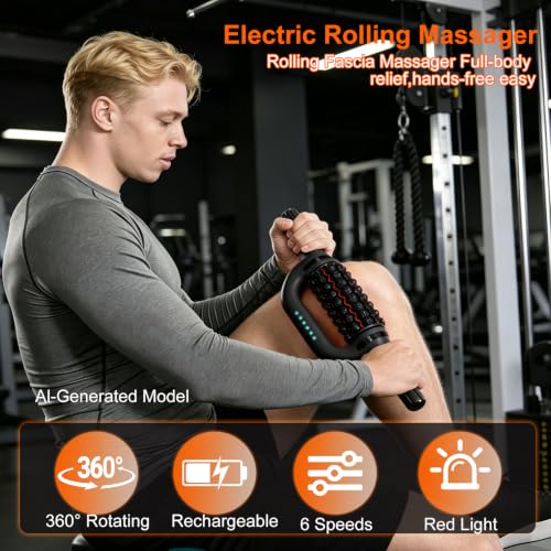 Electric Rolling Massager with Red Light, 6-Speed Percussive Massage Roller for Muscle Recovery, Rechargeable Rolling Massager with Hands-Free Base, for Arm, Back, Abdomen Leg & Foot