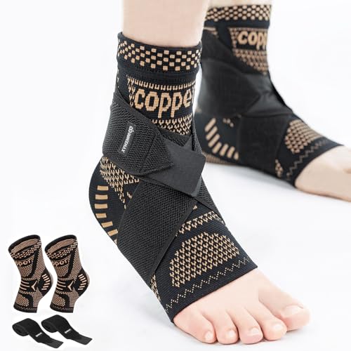 INDEEMAX Ankle Brace for Sprained Ankle Compression Sleeve, 2 Pack Copper Infused Ankle Support Brace for Women & Men, Plantar Fasciitis Relief Achilles Tendonitis, Sports Running, Copper Black, L - color: Copper Black, size: Large