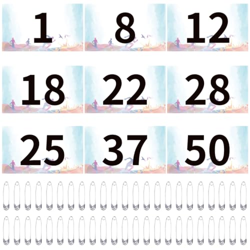 JEELAD Race Bibs 4" x 7" Running Bids Racing Numbers with Safety Pins Tyvek Tearproof Waterproof Number Cards 1-200 for Marathon Runners Sports Races Competition Events - color: Colorful [4"x7"] 001-50