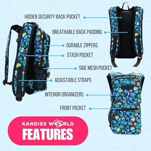 Kandies World Reflective Festival Hydration Pack - 2L Hydropack for Raves, Hiking, Biking, Running, and More (with Anti-Theft Pocket) - style: Mushroom