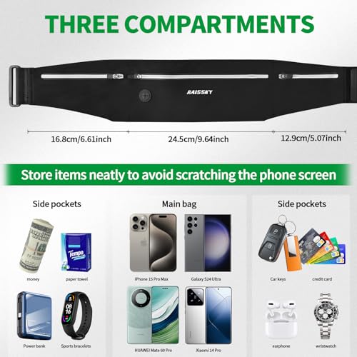 Slim Running Belt Fanny Pack for Men Women, Running Phone Holder, Waist Pack Runners Bag Money Belt with 3 Separate Zipper Pouch to Store Your Phone Key Money Safe, Waist Bag-Black - color: Dark