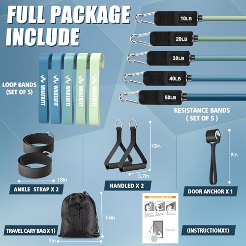 WHATAFIT Resistance Bands with Handles, 150 lb Exercise Bands Set - color: Blue 16PCS