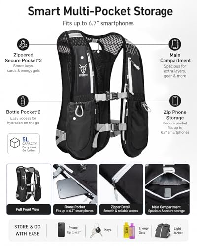 UTOBEST Running Vest Lightweight Hydration Vest Pack 5L UTR104 - color: Green Vest 5L with 1.5L Bladder