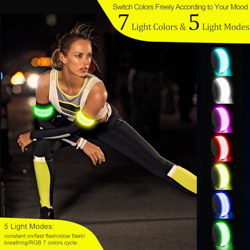 RGB 7 Colors Switchable LED Armband, USB-C Rechargeable, 360° Reflective Running Light for Runners, High Visibility Reflective Running Gear for Joggers Bikers Walkers - color: Green