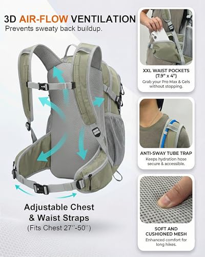 VPBAGE Hydration Backpack with 2L Bladder – Thermal Insulated Water Pack for Hiking, Skiing, Running – Lightweight Daypack for Men & Women, Soft-Lined Sunglasses Pocket & Large Waist Pockets - color: Light Gray