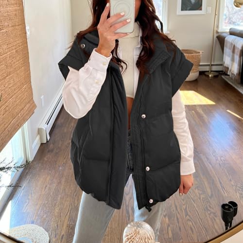 Songling Womens Oversized Puffer Vest Stand Collar Full Zip Sleeveless Bubble Puffer Vest Quilted Padded Warm Coat Outwear - color: Black, size: Small