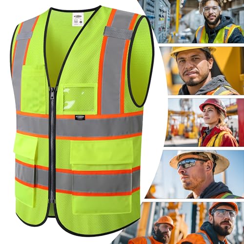 JKSafety Safety Vest for men women Hi Vis Vest with Pockets and Zipper High Visibility Reflective Vests BX320 - color: Yellow, size: 5X-Large