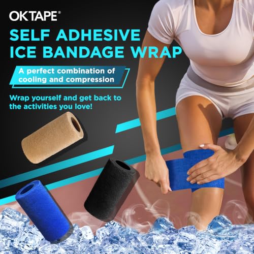 OK TAPE Ice Self Stick Bandage Wrap, Instant Cold Relief for Knee, Ankle, Wrist, Cold Compress Elastic Athletic Tape for Sports Injuries, No Refrigeration Needed, 4 Inch x 15 Feet, 2 Rolls, Black - color: Black