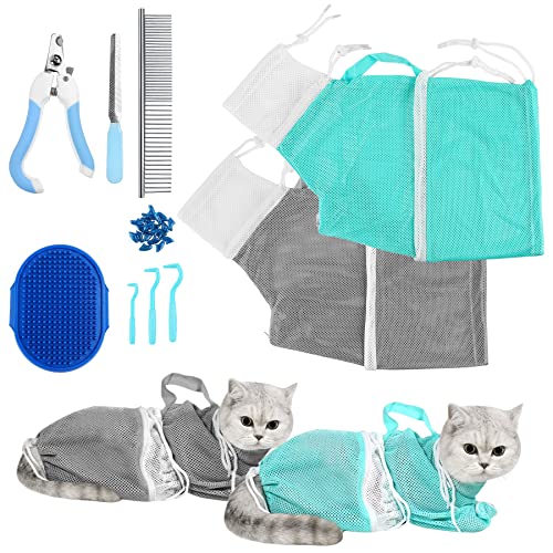 JULMELON 10 PCS Cat Washing Bag for Bath Shower Adjustable Net Grooming Set - color: Grey+Green