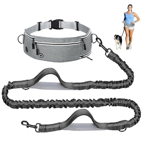 Hands Free Dog Leash with Partitioned Pouch Adjustable Waist Belt, Waist Leash for Dog Walking Running, Dual Handles,for Medium/Large Dogs - color: Grey