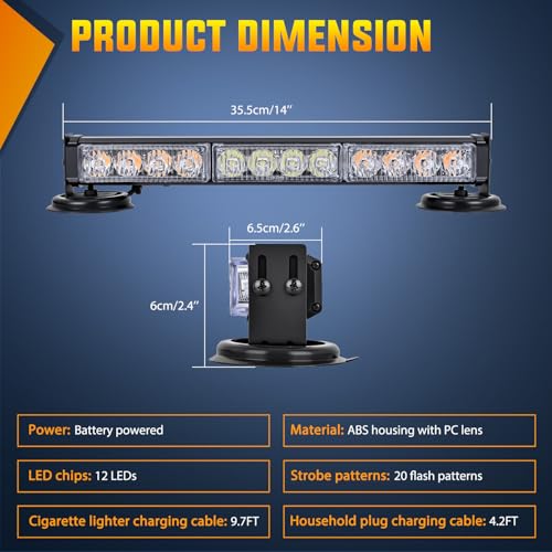 Nilight 12LED Wireless Amber White Strobe Light 14" Magnetic Mount 12V - color: Amber & White