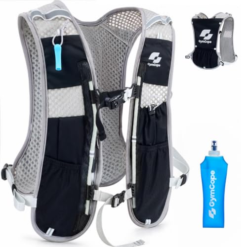 GymCope Running Vest for Women and Men, Lightweight Hydration Backpack with 500ml Soft Flask and 1.5 L Hydration Bladder, Running Hydration Vest for Marathon, Hiking, Trail and Road Running - color: Black Grey with 500ml