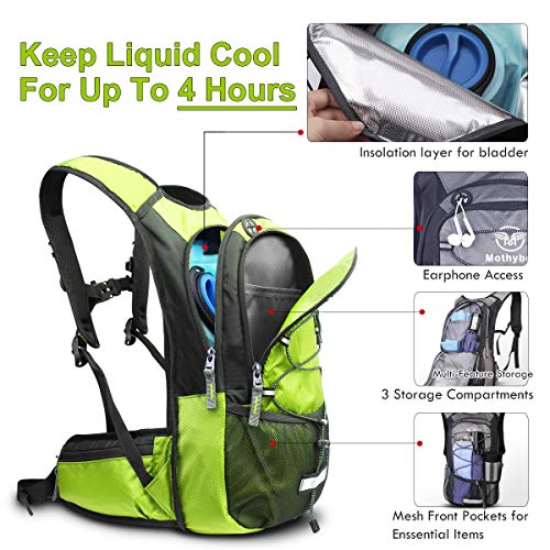 Mothybot Insulated Hydration Backpack Pack with 3L BPA Free Leak Proof Water Bladder, Large Storage Lightweight Hiking Daypack with Waist Pouches & Cooler Layer, for Running, Biking, Camping, Festival - color: Green