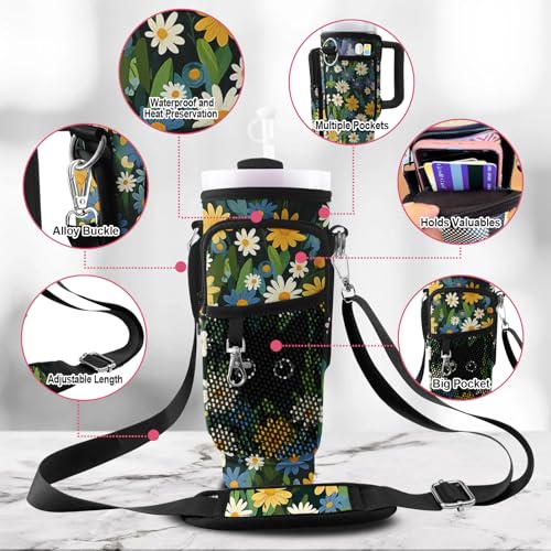 Stanley Carrier Bag for Stanley 40oz/30ozTumbler with Phone with 2 Adjustable Strap,3 Pockets Bottle Stanley Cup Carrier Bag & Case,Accessories for Hiking Travelling - color: Flower and Black Cat