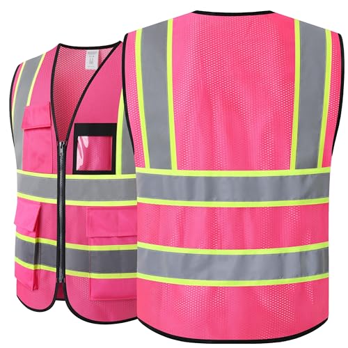 Reflective Safety Vest for Men Women Hi Vis Vest with 8 Pockets High Visibility Mesh Reflective Vest (Pink-07,Large) - color: Pink, size: Large