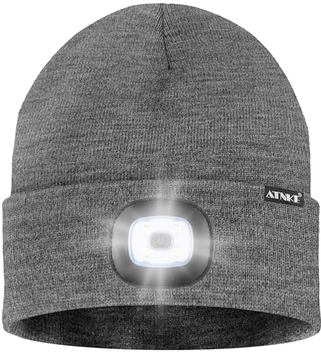 ATNKE LED Lighted Bluetooth Beanie Hat,USB Rechargeable 4 LED Wireless Music Running Headlamp Cap Gift for Men and Women - color: #Grey