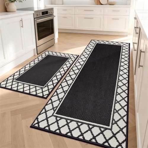 COSY HOMEER Washable Kitchen Rugs Sets of 2 Non-Slip Kitchen Mats,Black - color: Black, size: 24"x35" + 24"x60"
