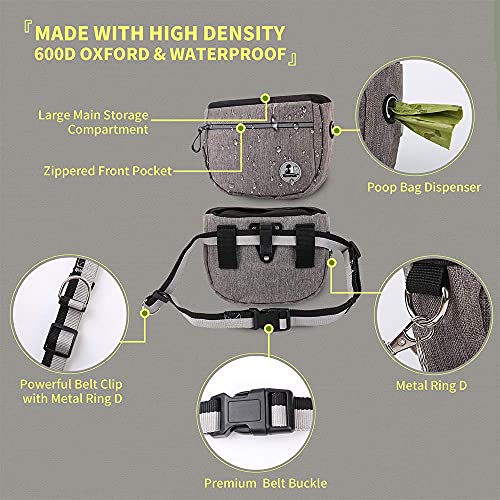 Pet Dog Treat Pouch Waist Bag, Auto Closing Waterproof Oxford Adjustable Training Belt Bags with Poop Bag Dispenser + Dog Collapsible Bowl for Dog Cat Running, Walking, Feeding (Grey) - color: Grey