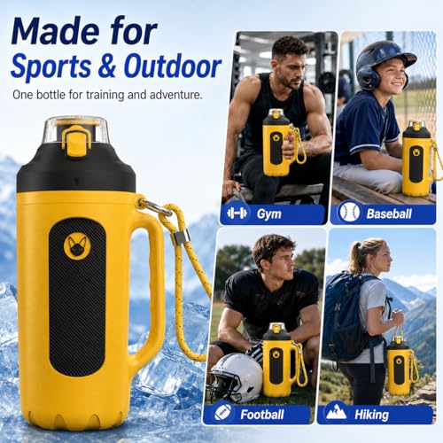 32oz Insulated Water Bottle Multi-Function Sports Jug with Handle & Magnetic Blender - Leak Resistant for Baseball Football Gym & Outdoor Activities (Vibrant Yellow & Carbon Black) - color: Vibrant Yellow & Carbon Black