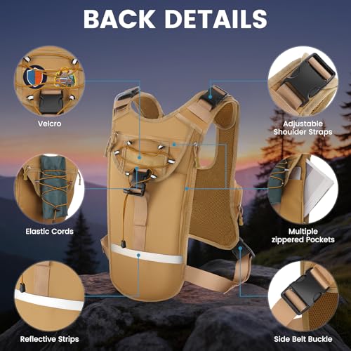 Hydration Pack Vest – Lightweight Chest Pack 2.0L Hands-Free Water Bladder Backpack, Reflective Strips, Adjustable Fit for Men and Women, Ideal for Marathon, Trail Running, Hiking, Cycling - color: Khaki