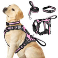 WINSEE Pet Harness Collar and Leash Set, All-in-one Reflective Dog Harness No Pull with Adjustable Buckles for Puppies, Small, Medium, Large, and Extra-Large Dogs (Large, Pink) - color: Pink, size: Large