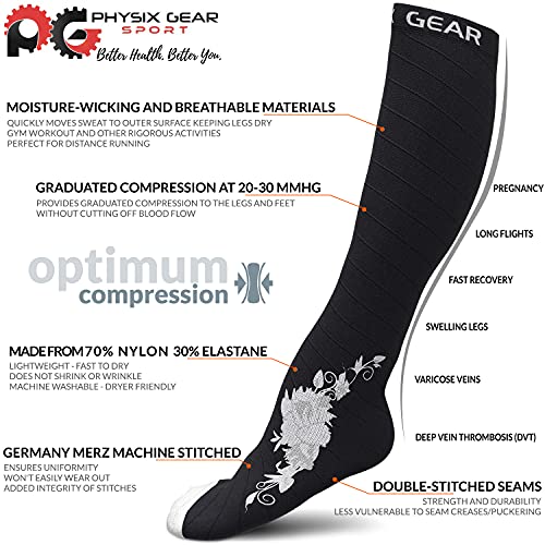 Physix Gear Compression Socks 20-30 mmHg - Men & Women - Running, Nurses, Shin Splints, Flight, Travel - color: Black/Grey Flower, size: Large-X-Large