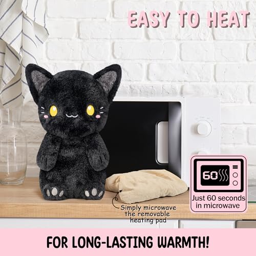 Black Cat Microwavable 1.5 lbs Unscented Heating Pad for Women and Kids- Cute Soft Cozy Pillow Plush Heatable Warm Stuffed Animals - Kawaii Hot and Cold Plushie - Black Cat Gifts for Girls and Women - color: Black Cat