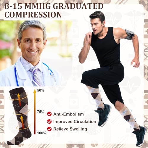Shyyween 12 Pairs Men Knee High Compression Socks - size: Large, style: Khaki