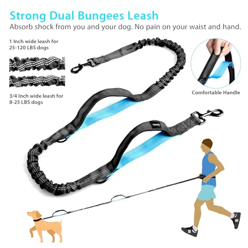 Uppetly Hands Free Dog Running Leash with Zipper Pouch, Dual Handle, Elastic Bungees Retractable Rope for Medium and Large Dogs, Waist Bag Pack Carry Phones for Walking Hiking Biking (Large, 25-120lb) - size: Large