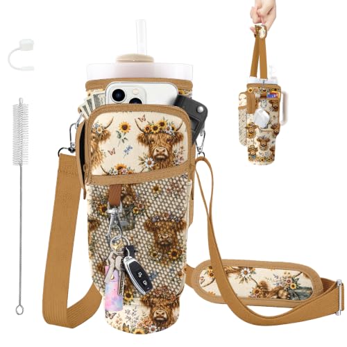 Water Bottle Carrier Bag for Stanley Cup 40/30oz, Neoprene Water Bottle Holder Pouch with 3 Pocket Adjustable Shoulder & Hand Strap - color: Floral Highland Cow