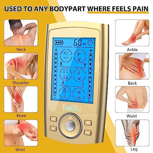 Belifu Dual Channel TENS EMS Unit 24 Modes Muscle Stimulator for Pain Relief Therapy, Electronic Pulse Massager Muscle Massager with 10 Pads, Dust-Proof Drawstring Storage Bag, Fastening Cable Ties - color: Gold