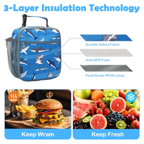 FlowFly Kids Lunch box Insulated Soft Bag Mini Cooler Back to School Thermal Meal Tote Kit for Girls, Boys, Shark - color: Shark