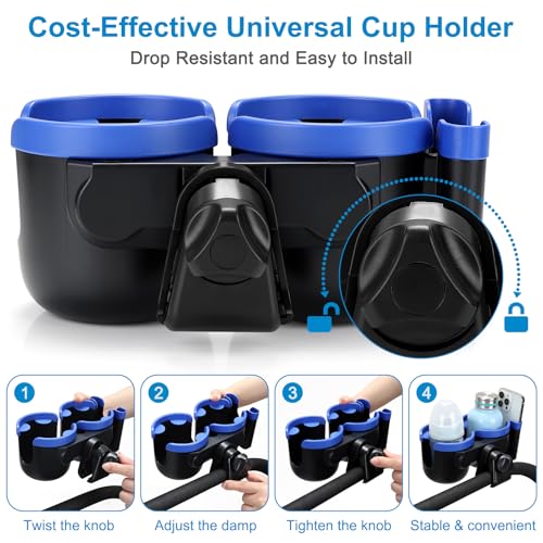 Accmor Stroller Cup Holder with Phone Holder, Bike Cup Holder, Walker Scooter Wheelchair Cup Holder Attachment, Universal Cup Holder for Uppababy Graco Strollers - color: Double Holder-Blue