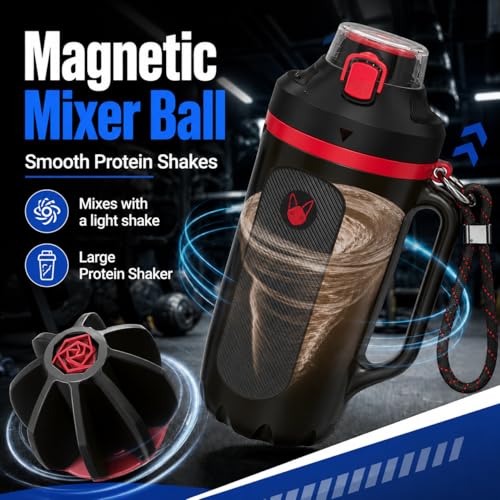 32oz Insulated Water Bottle Multi-Function Sports Jug with Handle & Magnetic Blender - Leak Resistant for Baseball Football Gym & Outdoor Activities (Black & Fiery Red) - color: Black & Fiery Red