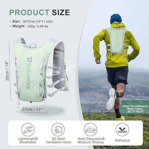 BECOJADDE Running Vest for Women Men, 5L/6L Lightweight Hydration Backpack Running Pack for Marathon, Trail, Cycling, Hiking, Jogging - color: Green