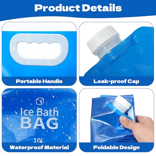 4 Pcs Ice Bath Bags, 10 L Reusable Cold Plunge Accessories Portable Bathtub Ice Packs Large Cold Water Freezer Bag with Handle for Home Outdoor Bathtub Bucket, Blue