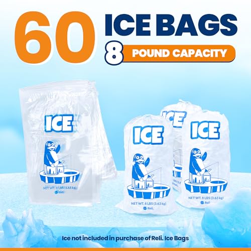 Reli. Plastic Ice Bags 8lb (60 Pack) Cotton Drawstring
