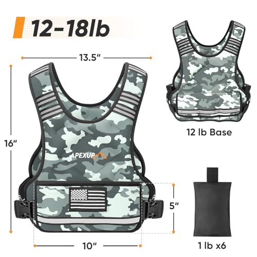 APEXUP Adjustable Weighted Vest, 4-10lb/12-18lb/20-32lb Vest with 6 Ironsand Weights and Large Pocket, Weight Vest for Men Women Strength Training, Running, Walking - color: Grey Camo, size: 12-18lbs